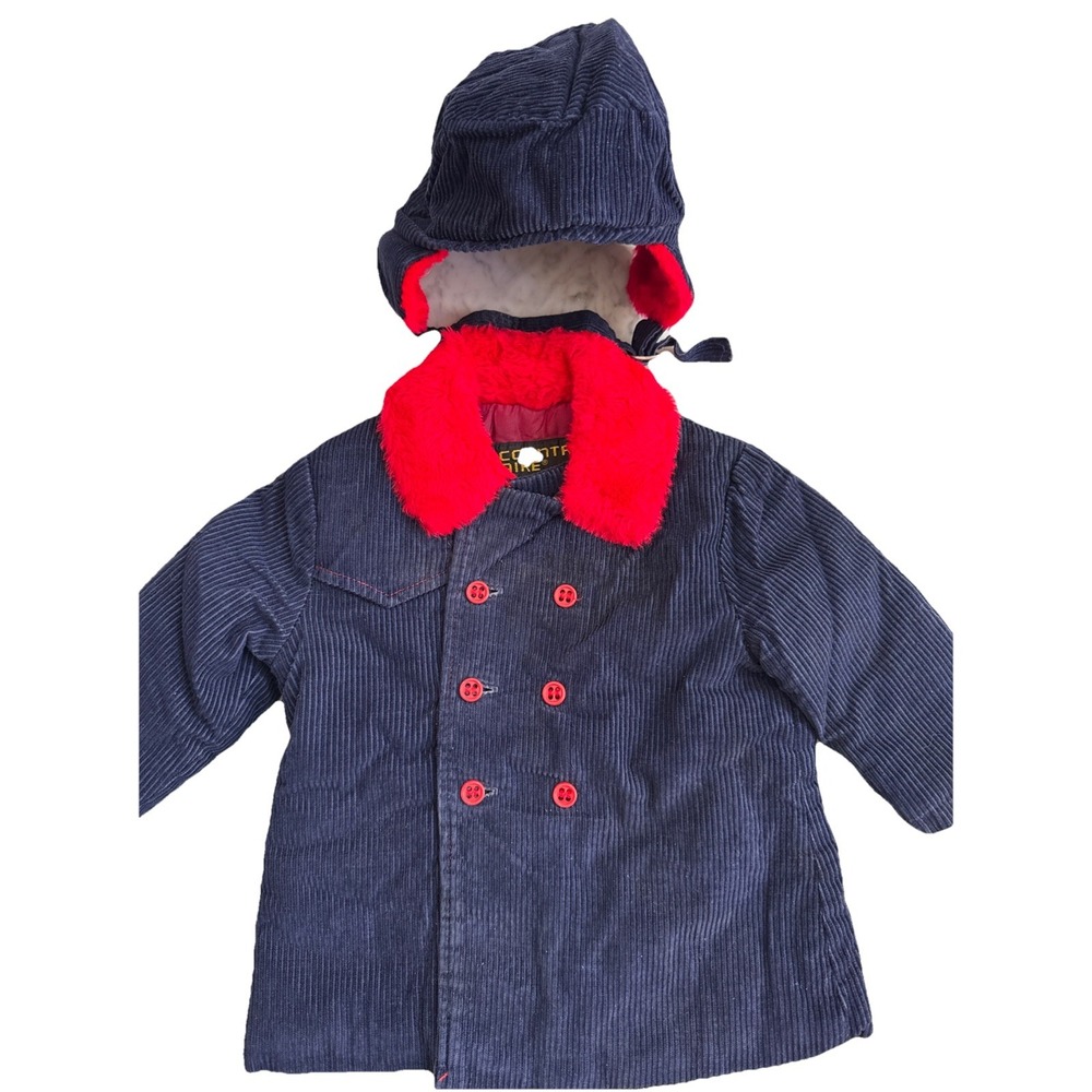 VTG Boys Country Are corduroy navy pea coat red collar Buttons + Hat Sz 24 M USA